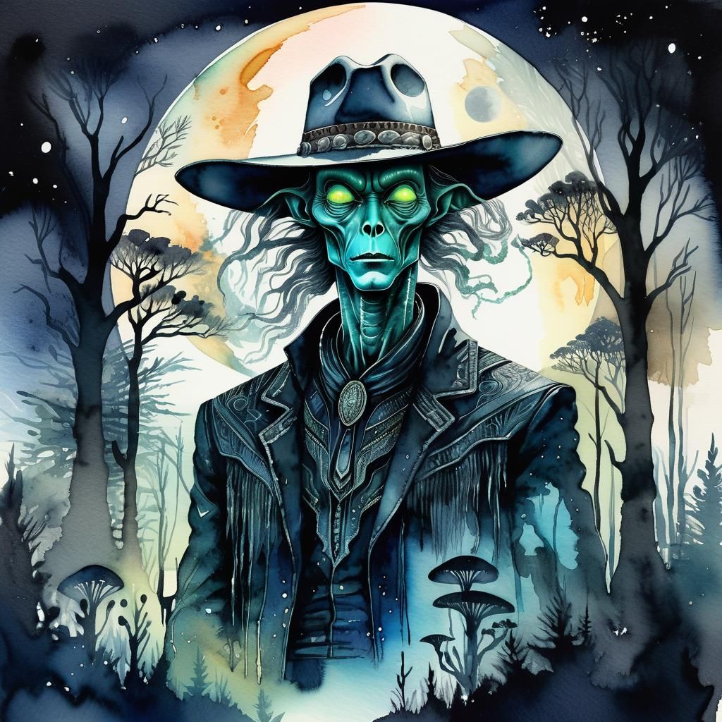 Eerie Alien Cowboy in Watercolor Space Forest