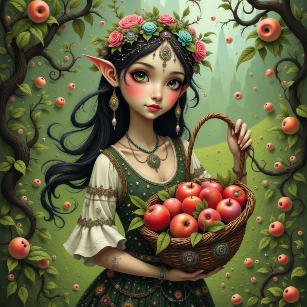 Iðunn, Goddess of Youth with Apples in Whimsical Style