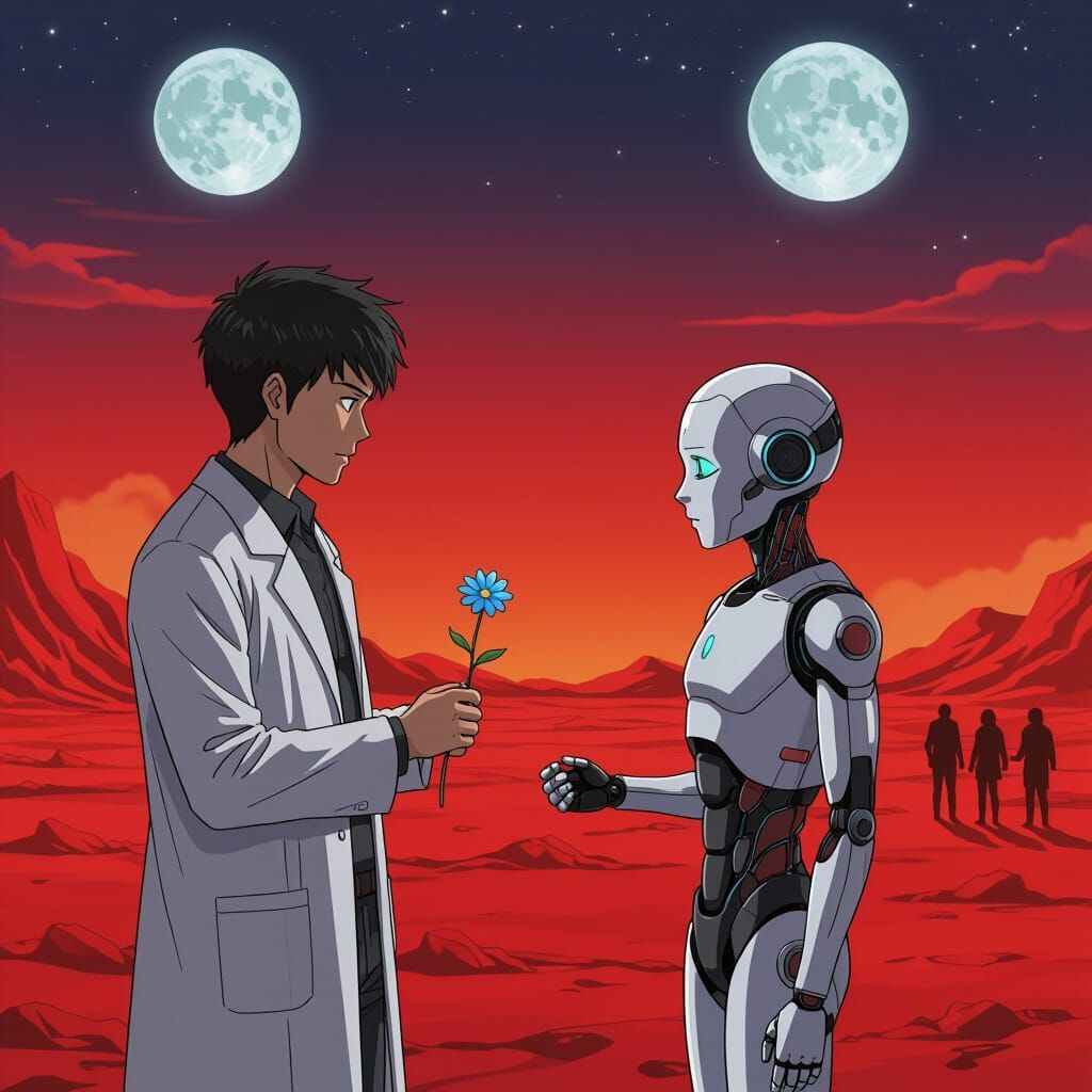 Concerned Scientist Beside Melancholic Android on Alien Worl...