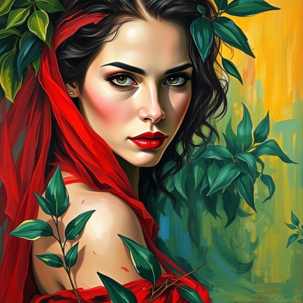 Woman in Vibrant Red, Neo-Impressionist Oil Painting