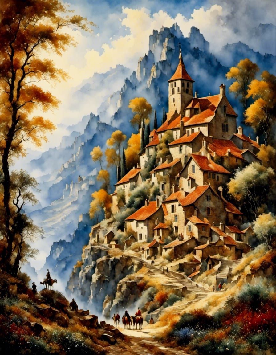 Pointillist Folk Art Landscape