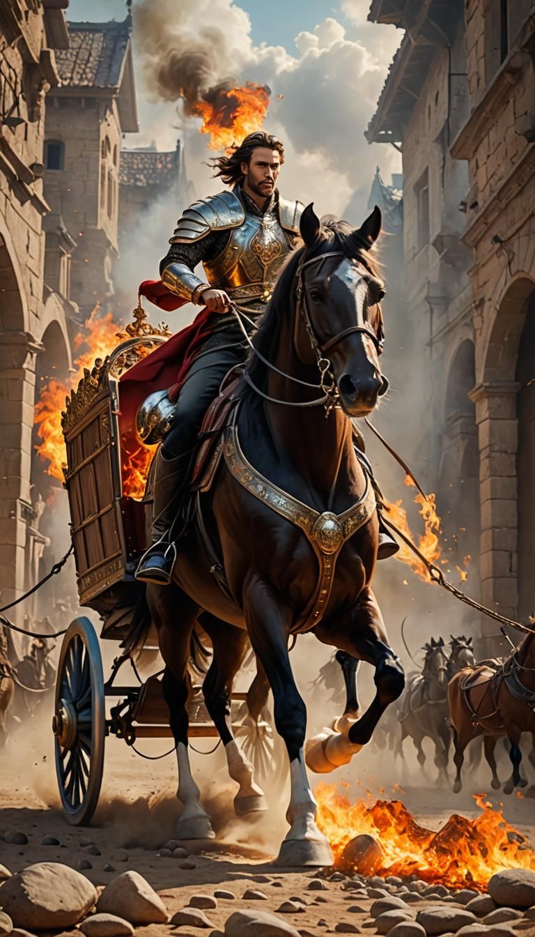 Fiery Horse Pulls Chariot in Dreamlike Setting
