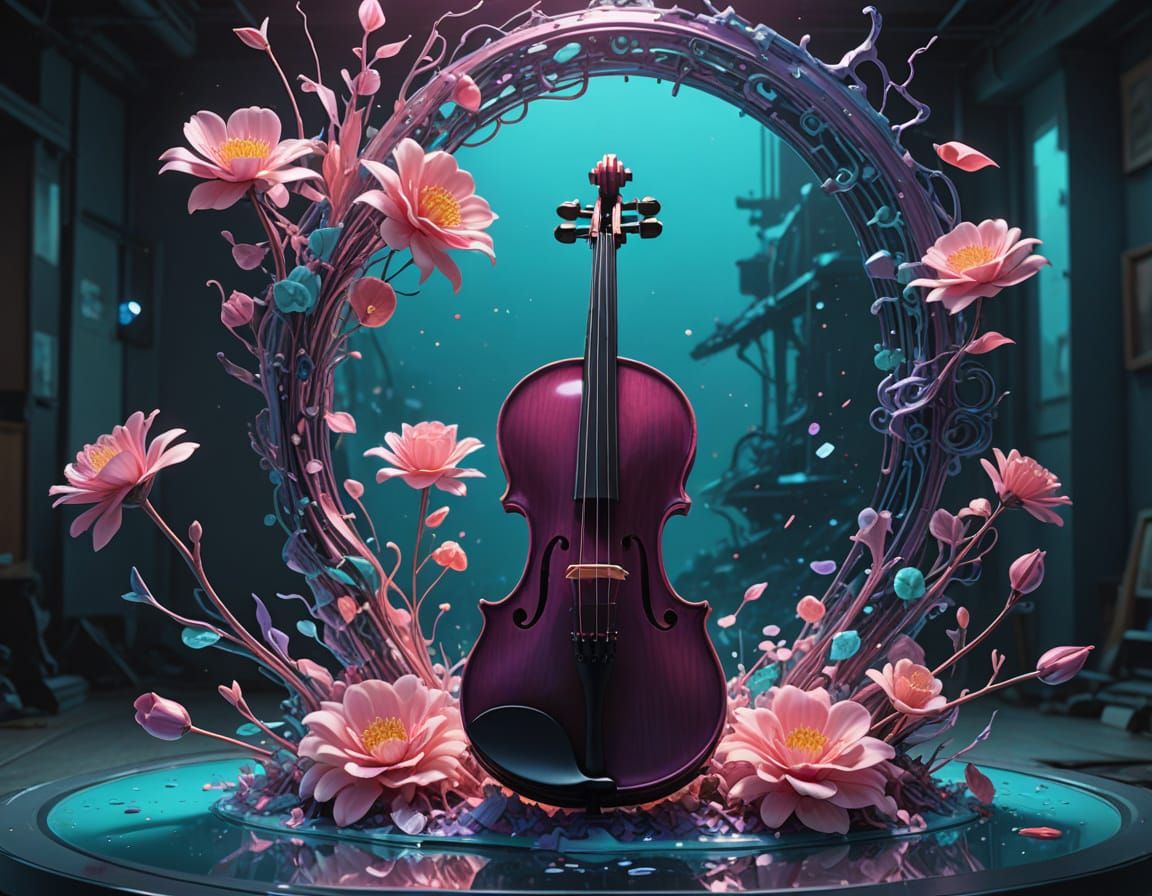 Surrealistic 3D Scene of a Glassy Violin with a Pink Flower