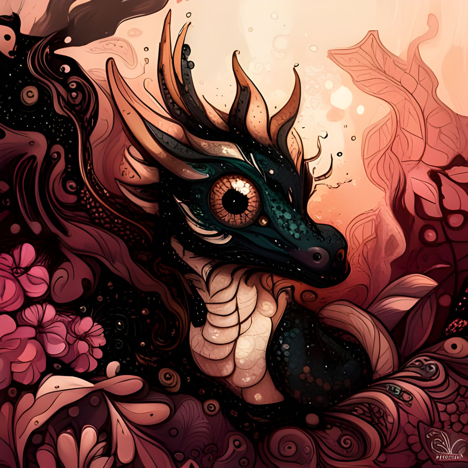 Gemstone Dragon with Black Flowers, Hyperrealistic Splash Ar...