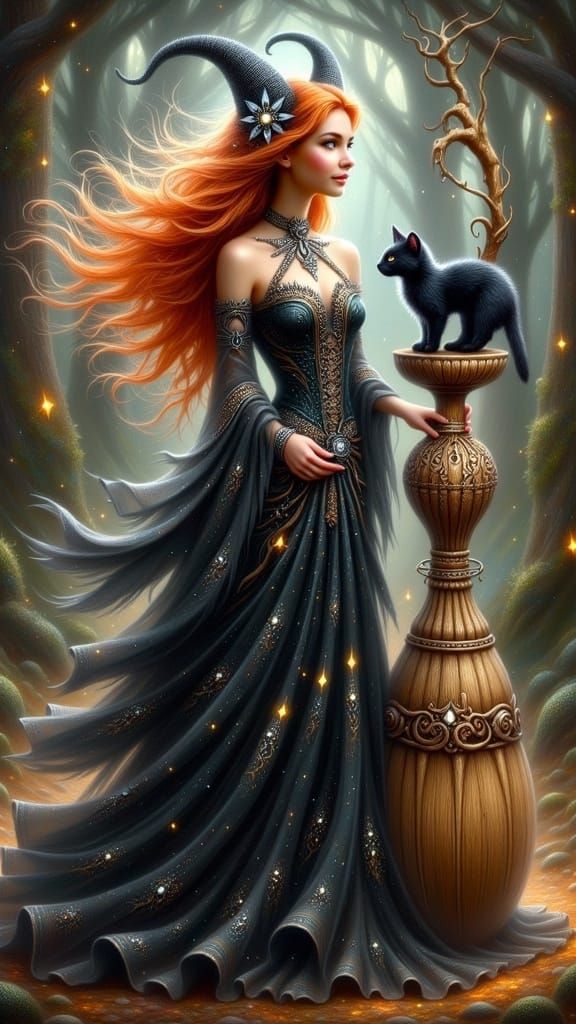 Mystical Witch and Majestic Broom in Whimsical Fantasy Scene