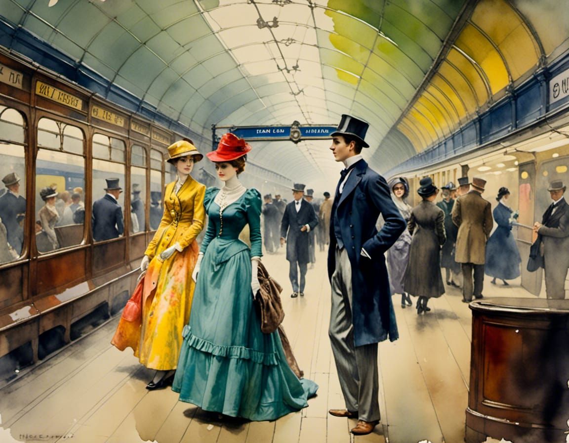 Couple on Subway Platform in Antique Watercolor Style