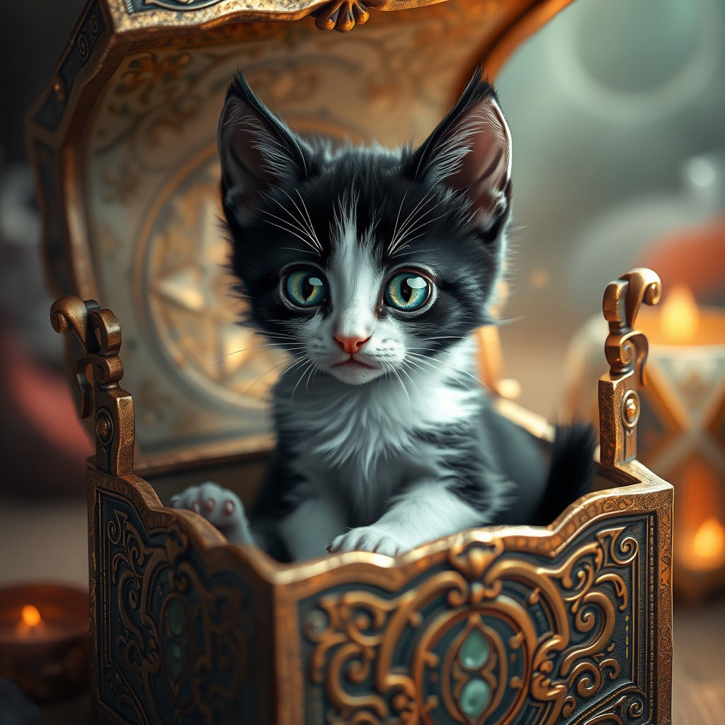 Adorable Kitten in Ornate Box: Fantasy Concept Art