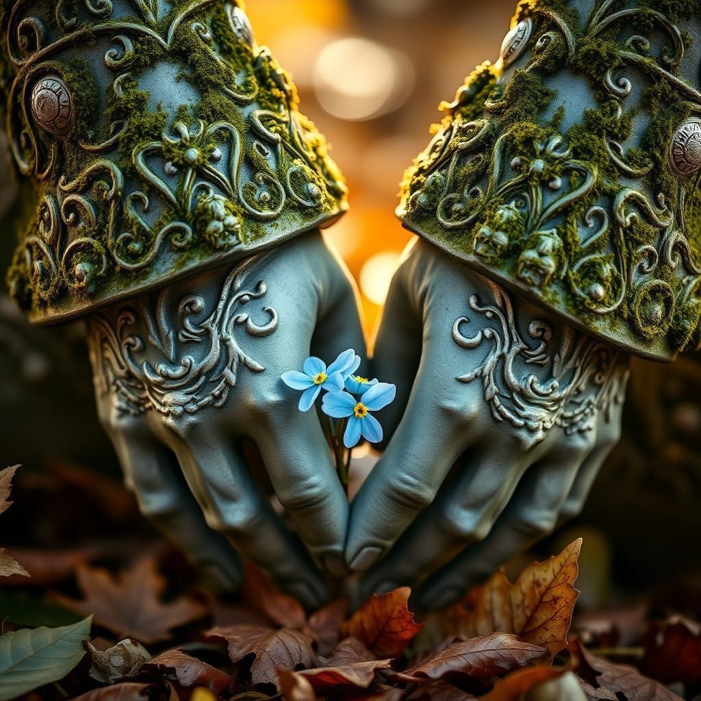 Softly Weathered Statue Hands with Autumn Leaves and Forget-...