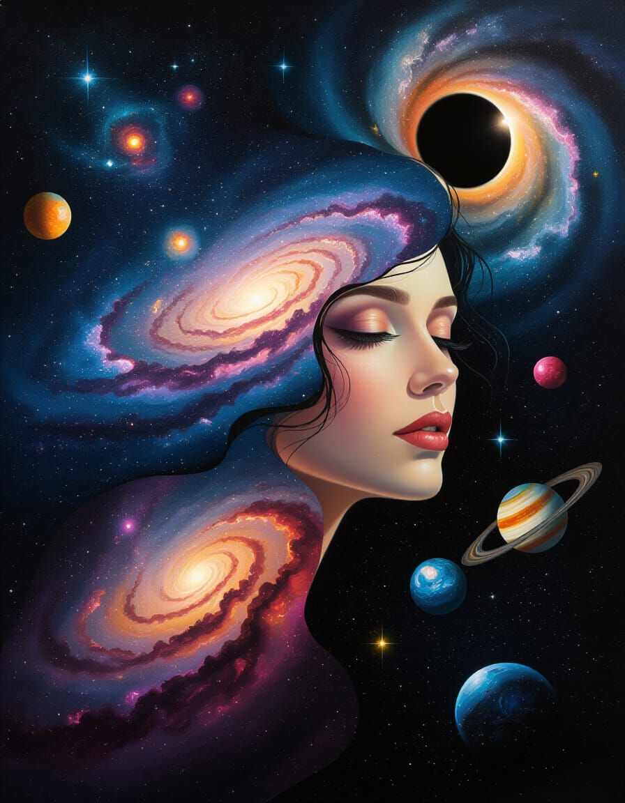 Cosmic Woman Portrait: Whimsical Oil Painting of Universe