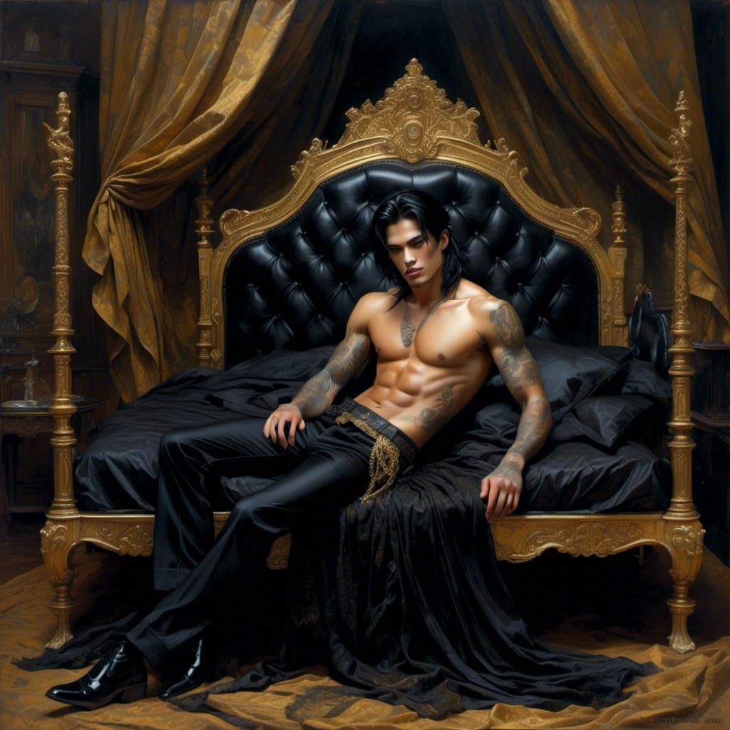 Elegant Man in Gothic Bed with Gold Tiara
