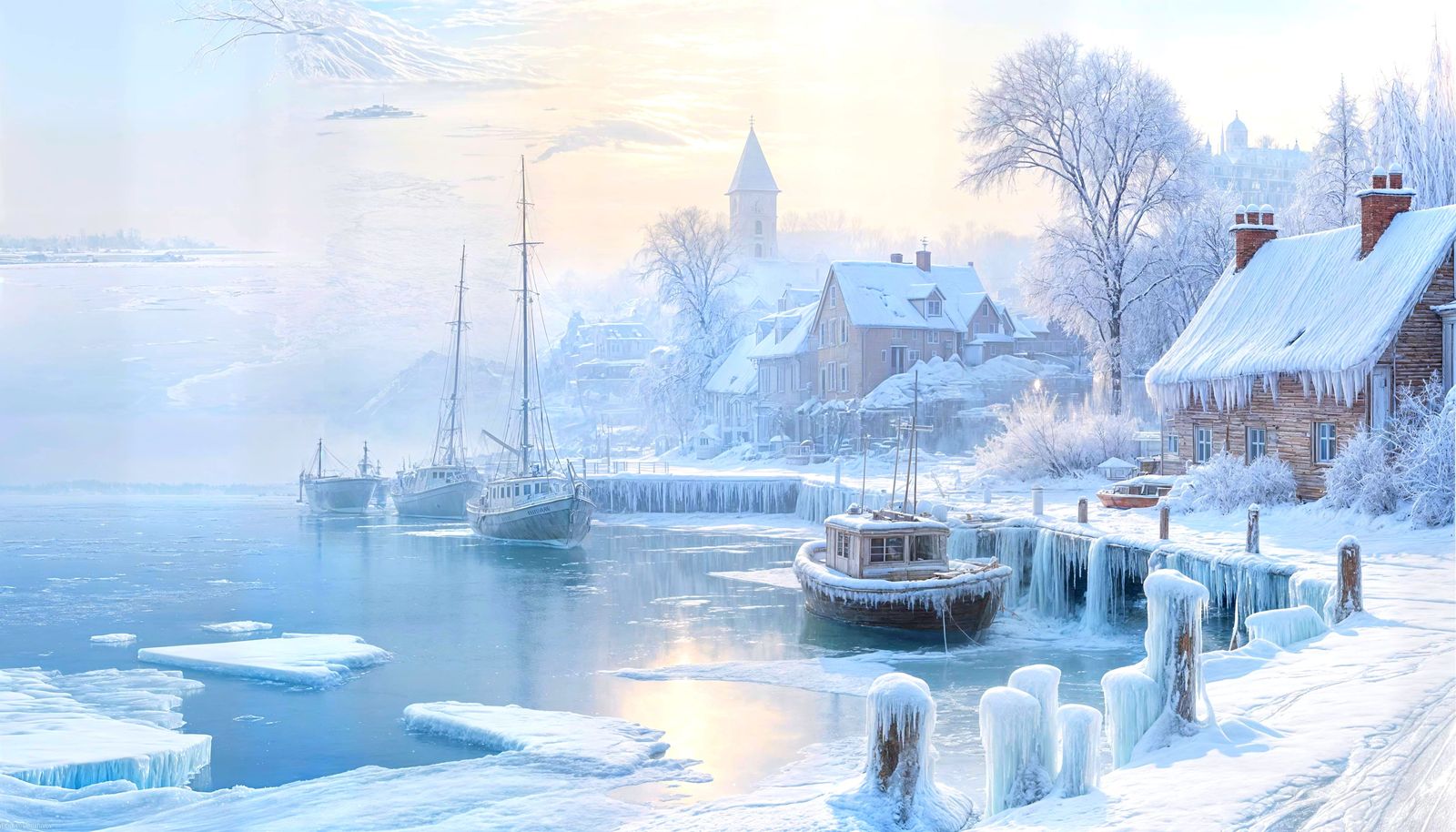 Enchanting Winter Harbor Town in Frosty Sunlight