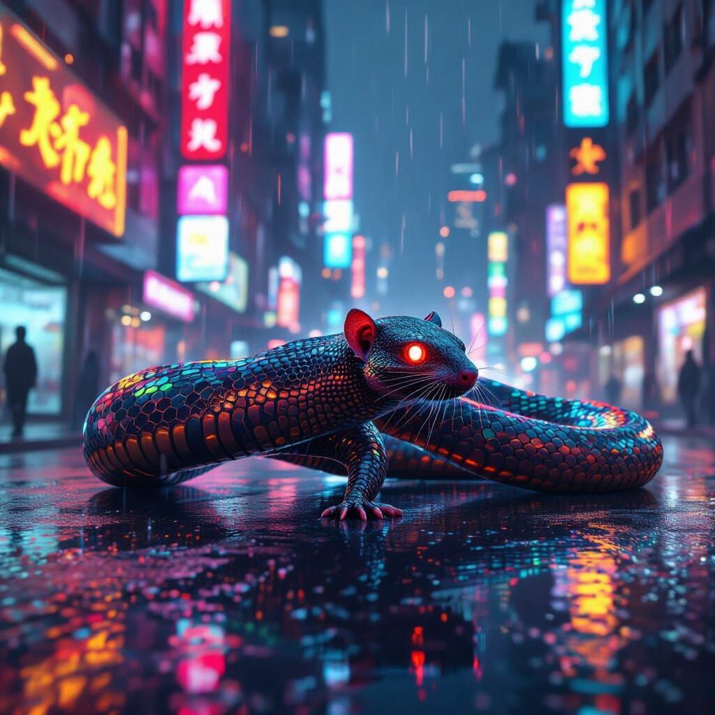 Futuristic Rat-Snake Hybrid in Neon Cyberpunk City