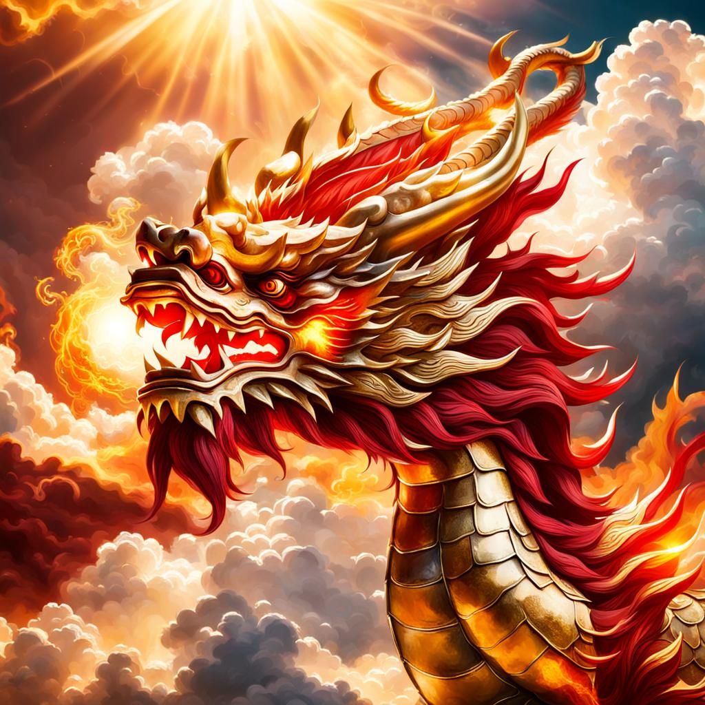Fiery Red and Gold Chinese Dragon in Divine Light