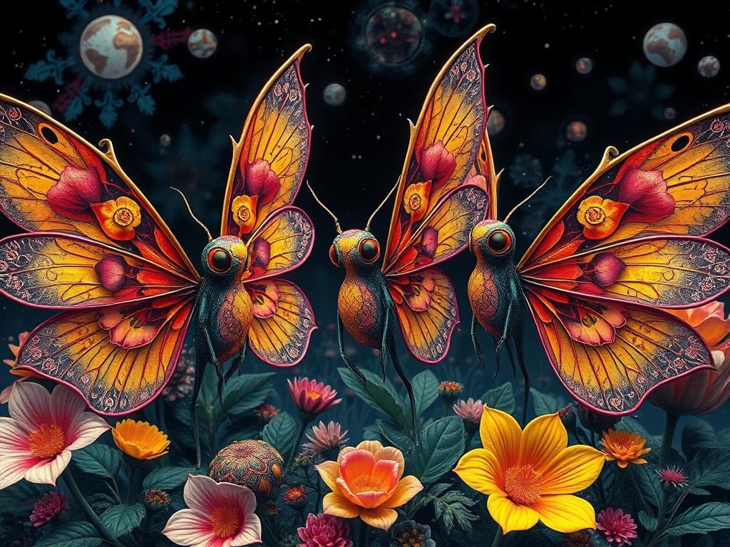 Funky Doodad Guys with Floral Wings in Gothic Etching Style