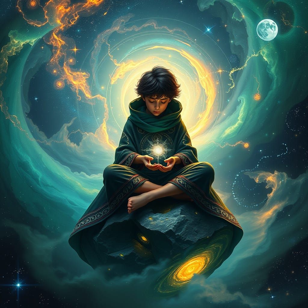 Regal Boy Weaves Cosmic Tapestry in Starry Nebula