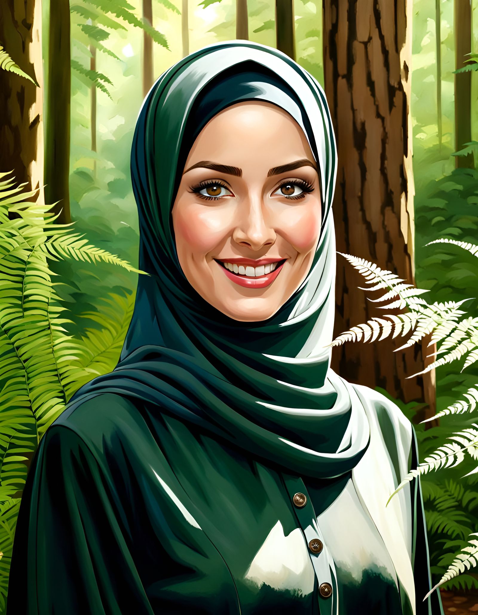 Elegant Hijabi Woman in Forest, Realistic Oil Painting