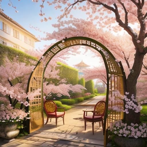 (A cherry blossom tree in the center of a secret garden.10.0...