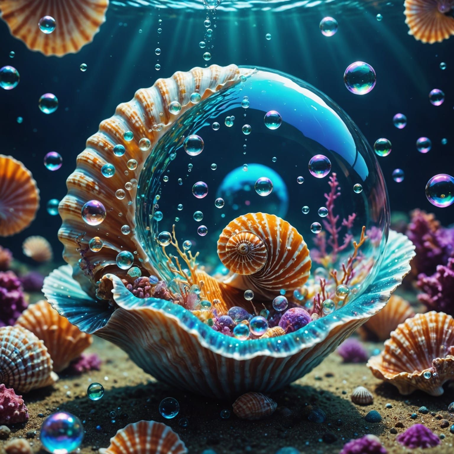 Cosmic Bubbles Rise from Seashell in Holographic Astral Art