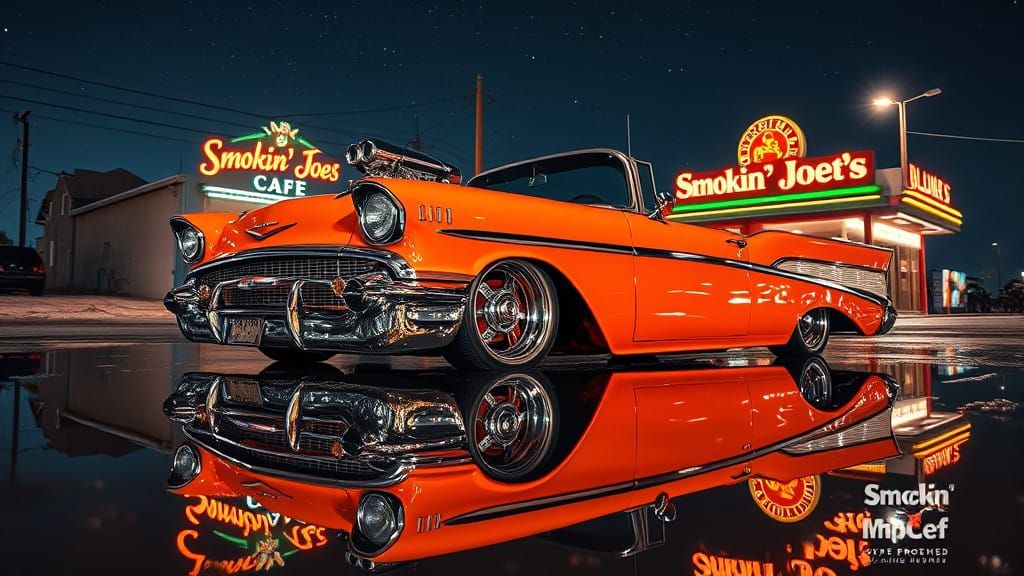 a realistic very closeup 2/3 angled photo of an wild cherry tangerine paint 1957 Chevy Bel-Air street rod, a big block b...