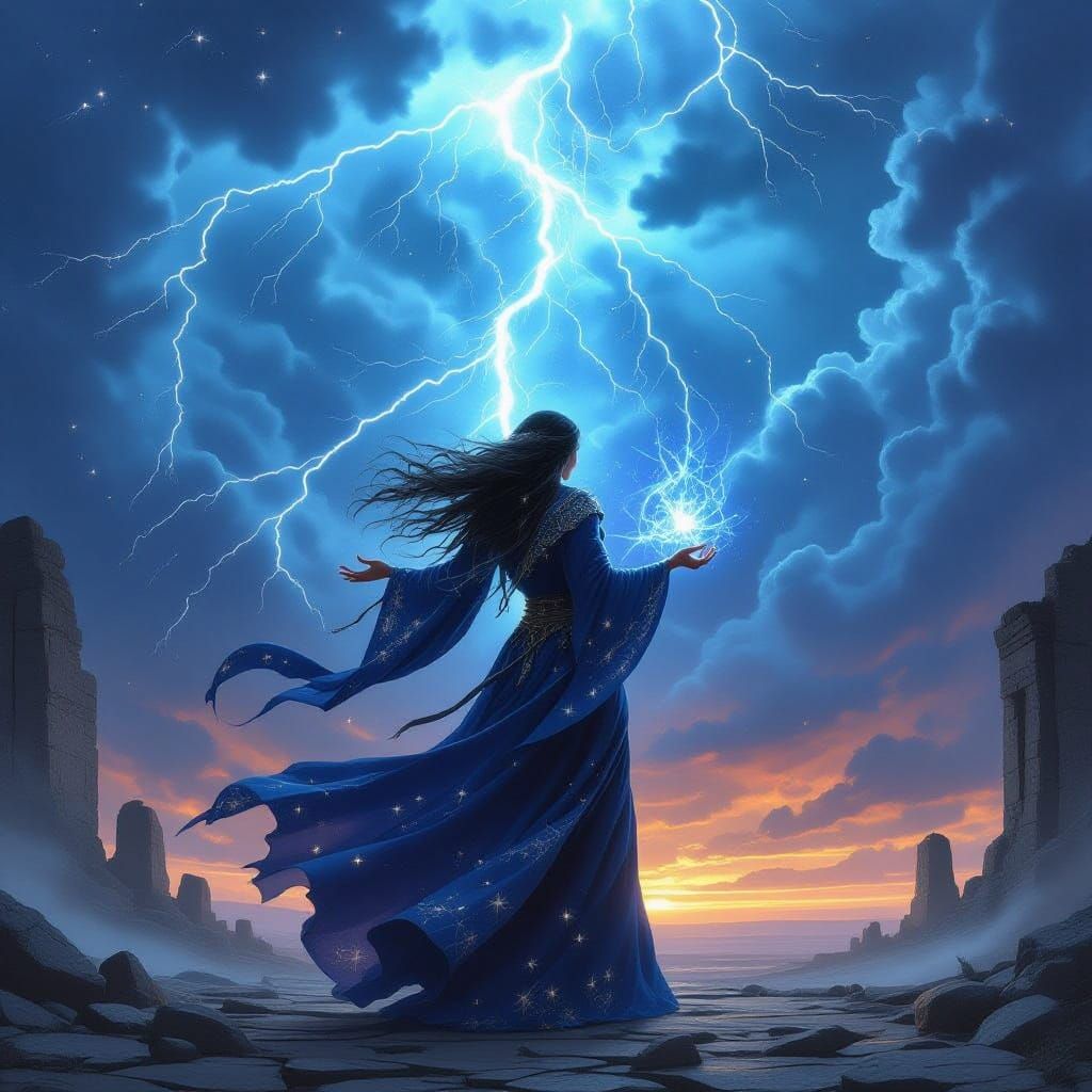 Sorceress Commands Elemental Magic Over Ancient Ruins
