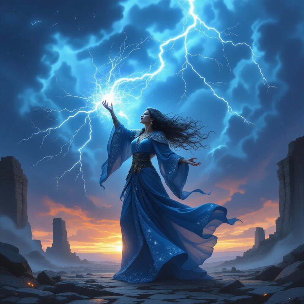 Sorceress Commands Magic Tempest Over Ancient Ruins