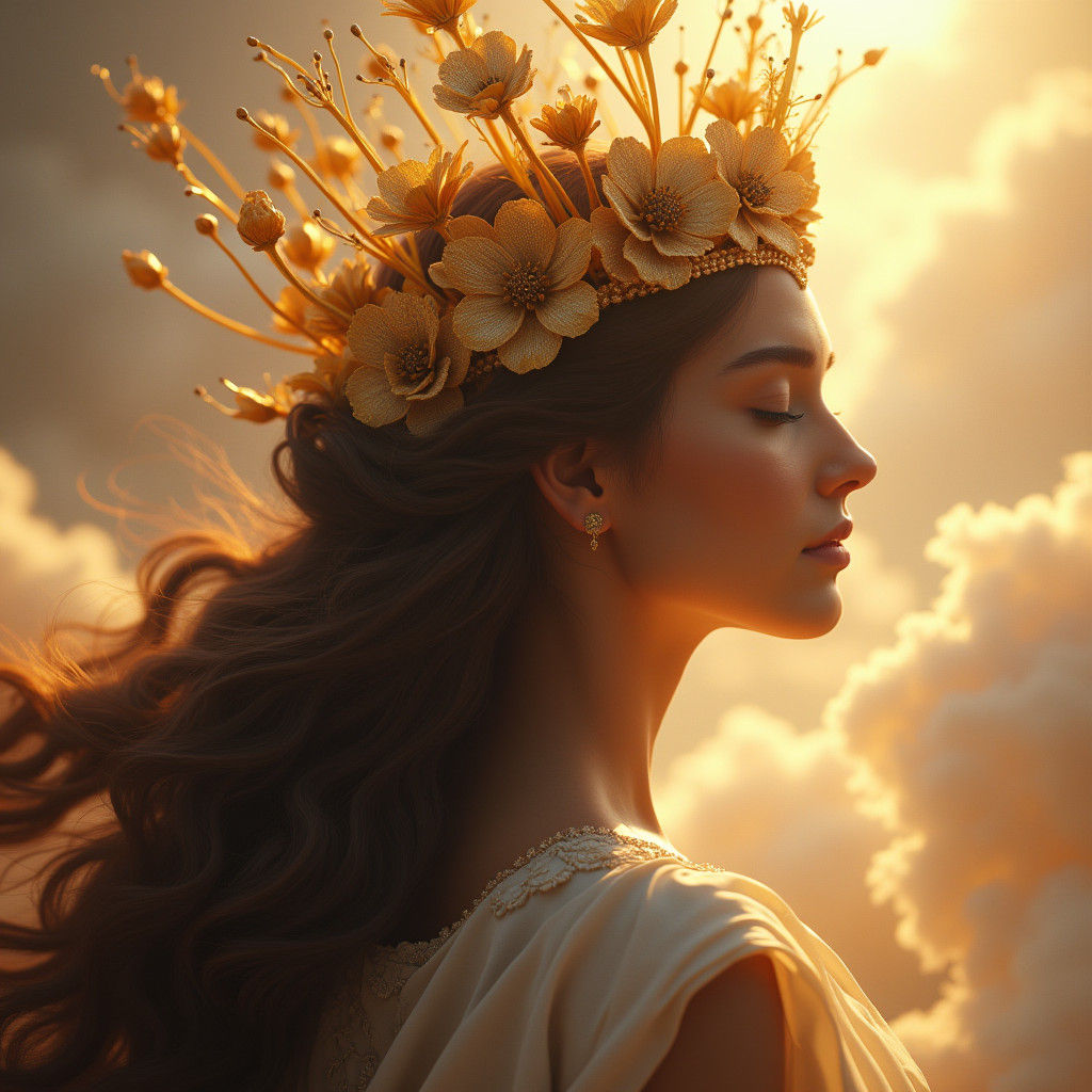 Goddess with Golden Crown in Dreamy Landscape