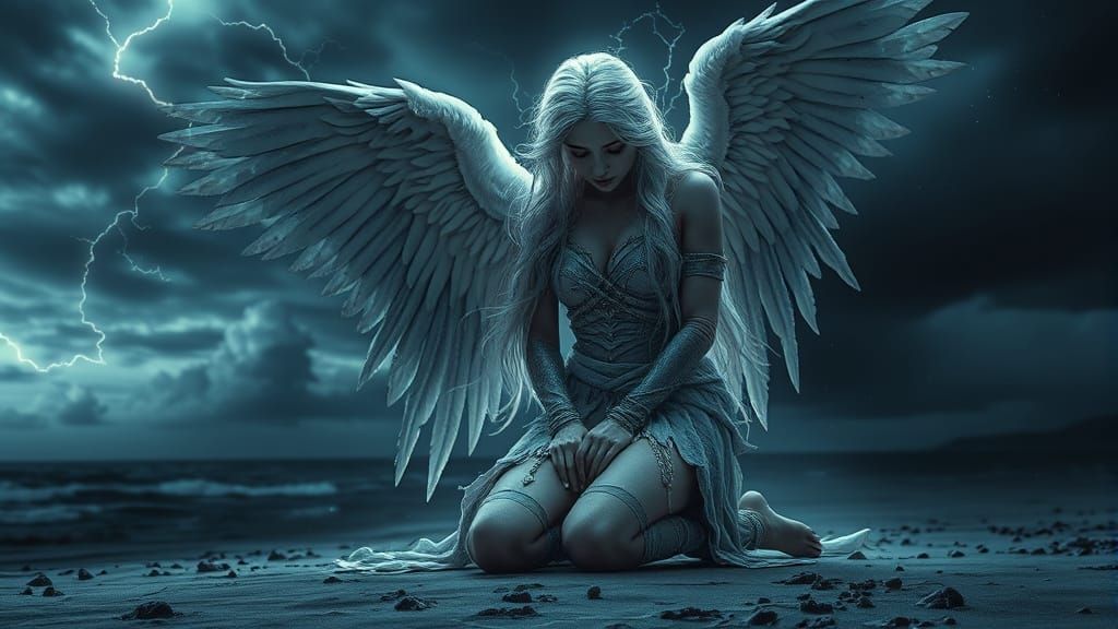Celestial Angel Kneeling on Windswept Shore