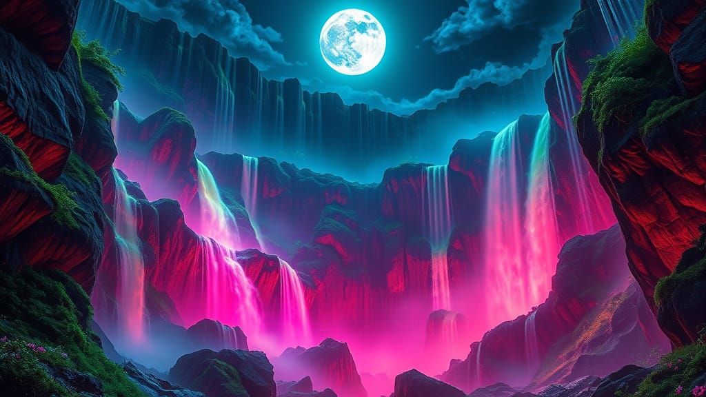 Luminous Waterfalls Under Radiant Moonlight in Hyperrealisti...