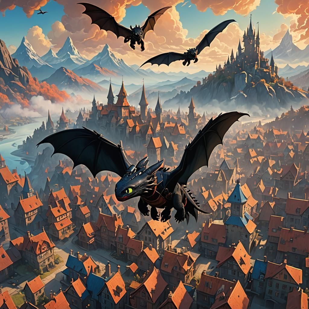 Hiccup and Toothless Soaring Above Berk