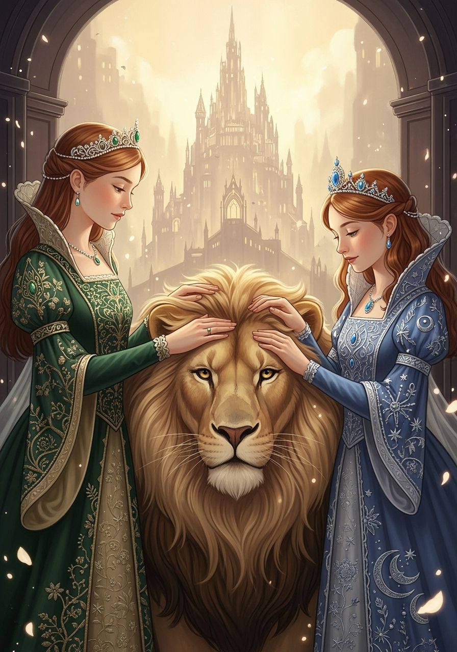 Susan and Lucy Pevensie Petting Aslan, in James Jean Style
