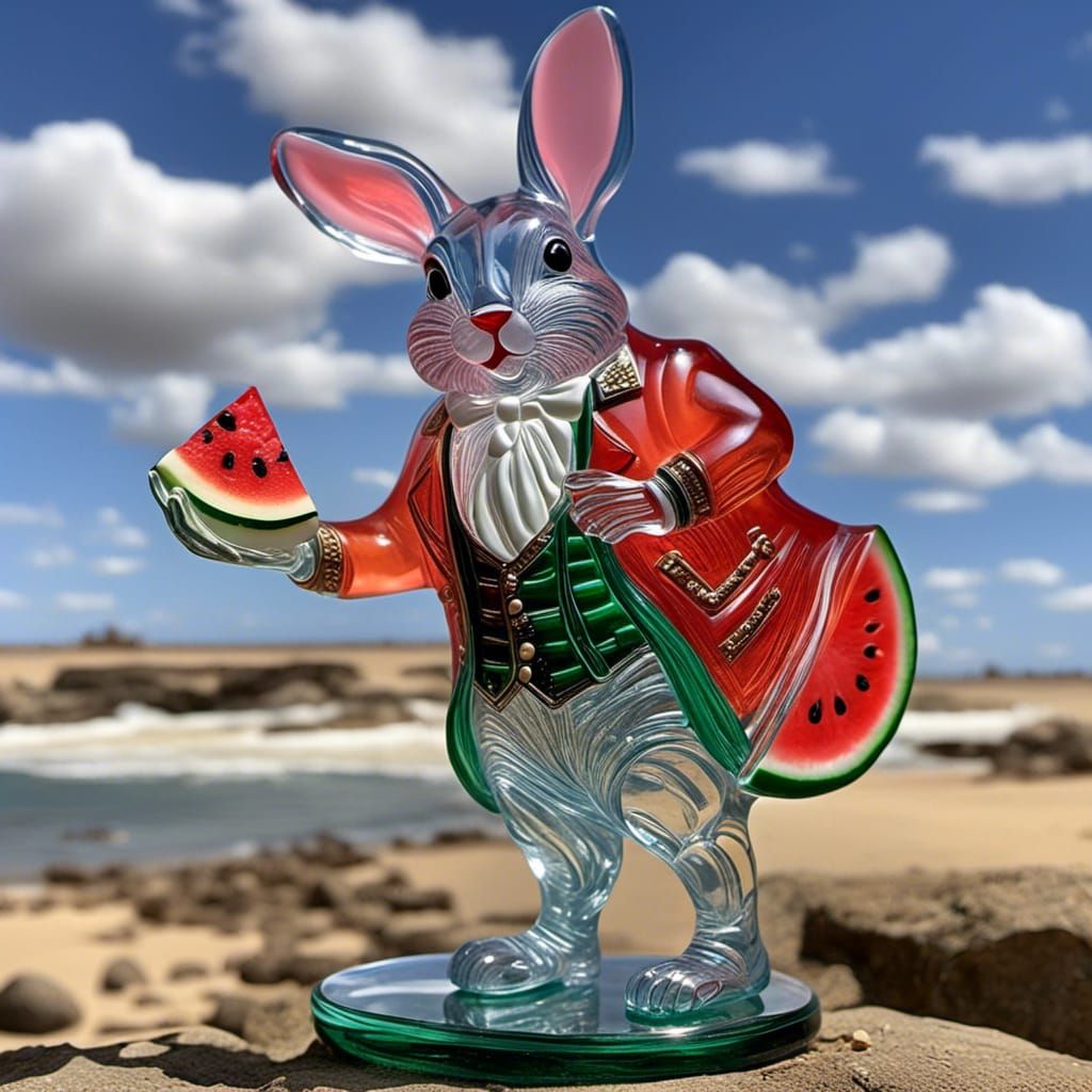 Glass Rabbit with Watermelon Slice as Glass Art