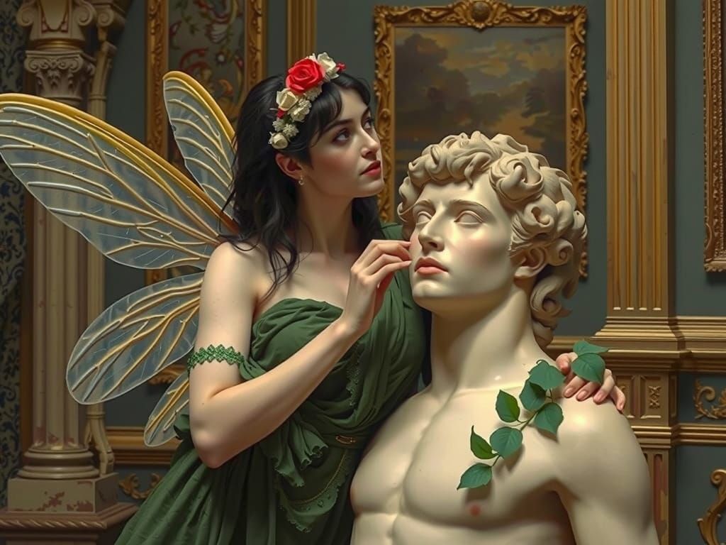 Fairy Beside Marble Statue, Oil Painting Masterpiece