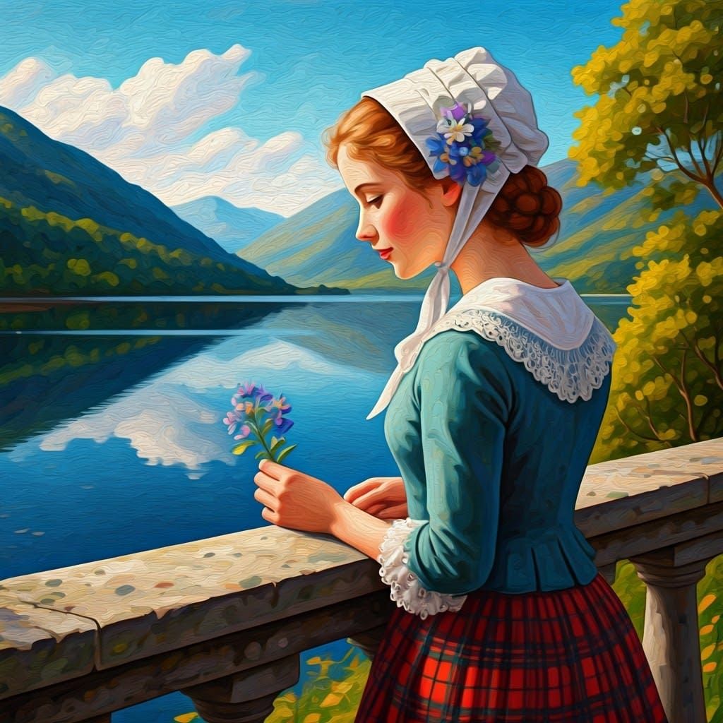 Scottish Woman in Folk Art Style Oil Painting