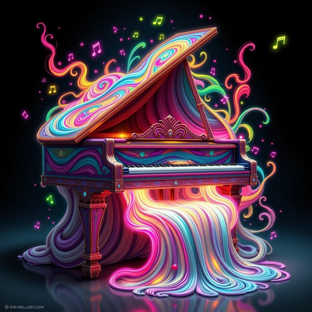 Kaleidoscope Piano: Swirling Notes in Digital Watercolor