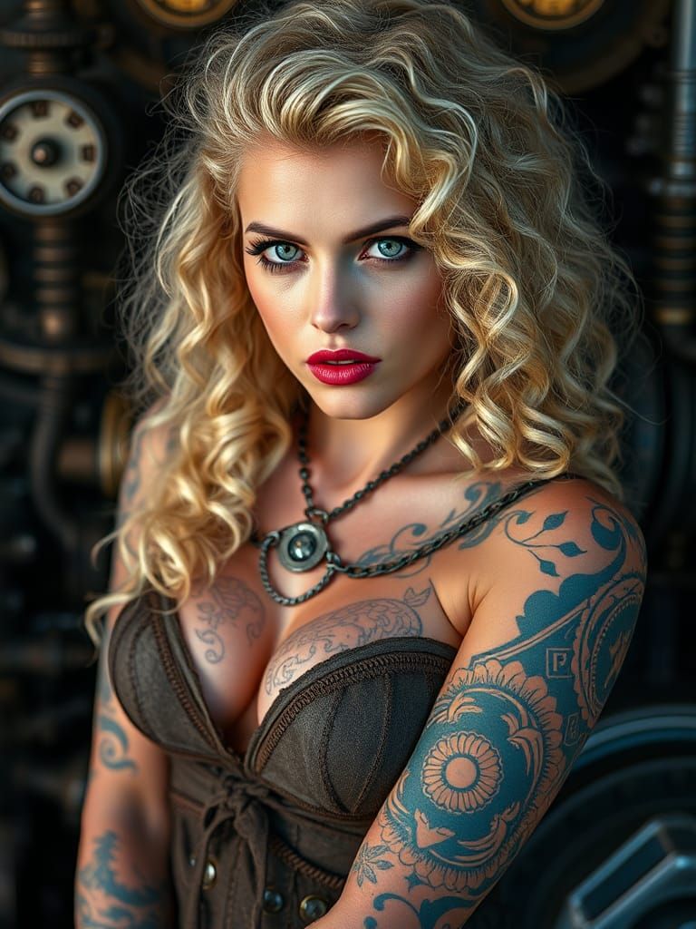 Steampunk Woman with Tattoos and Engine