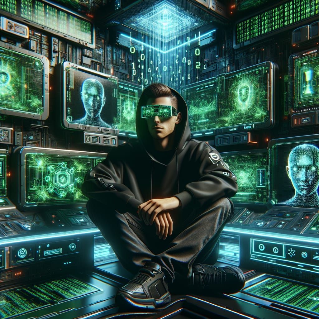 Futuristic Techie in Cyber Sanctuary: Digital Art