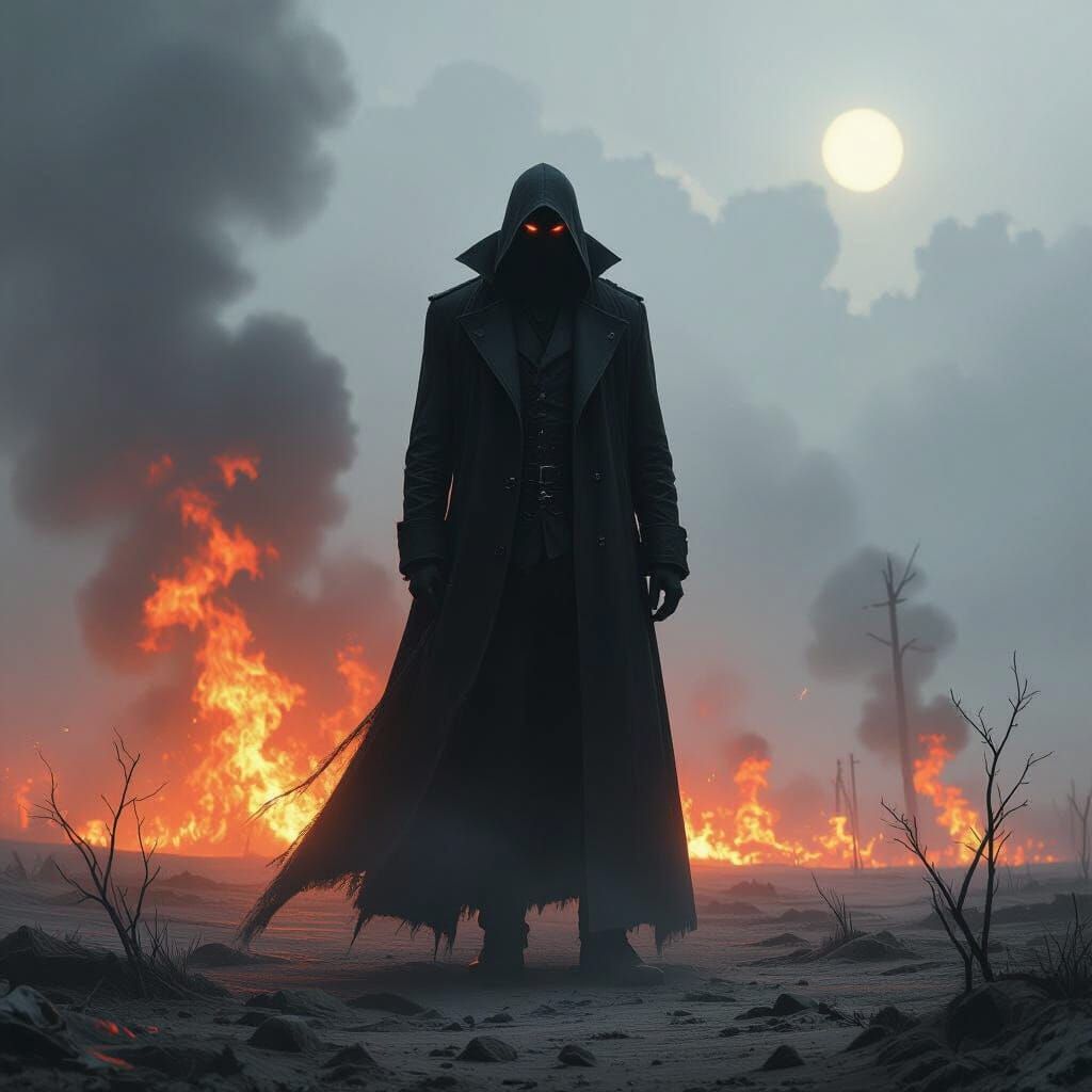 Imposing Figure Amidst Flames: Dramatic Digital Art