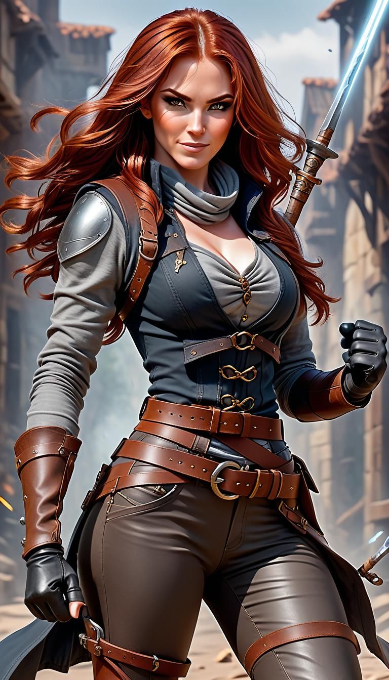 Smiling Fantasy Rogue and Magic user She has crossed ammo be...