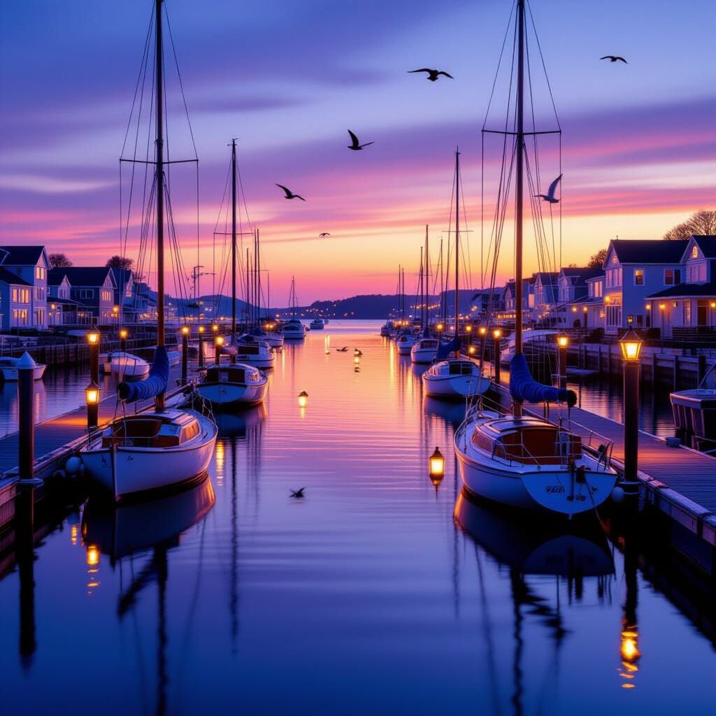 Serene Harbor at Twilight with Golden Reflections