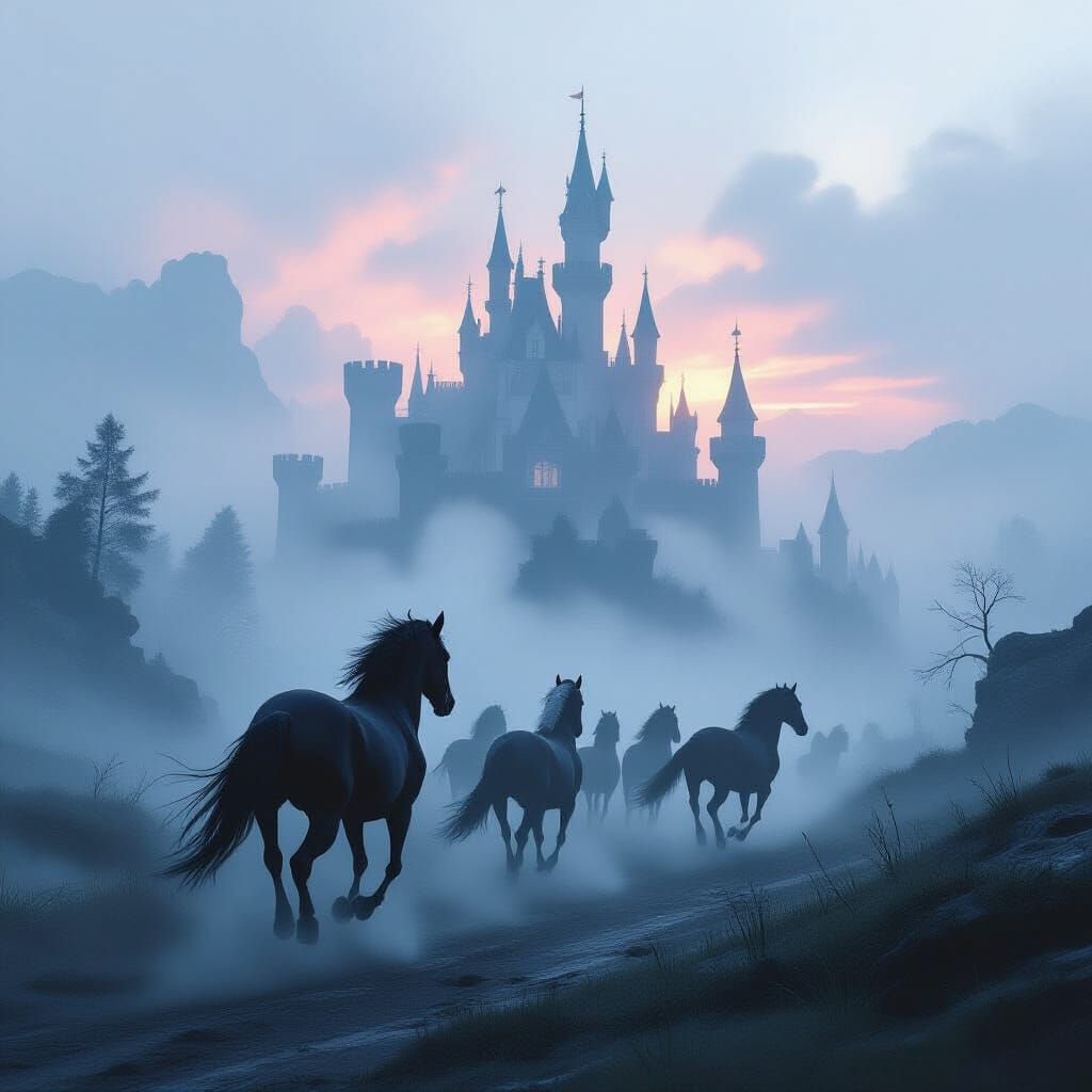 Horses Galloping to Castle in Dreamlike Digital Art
