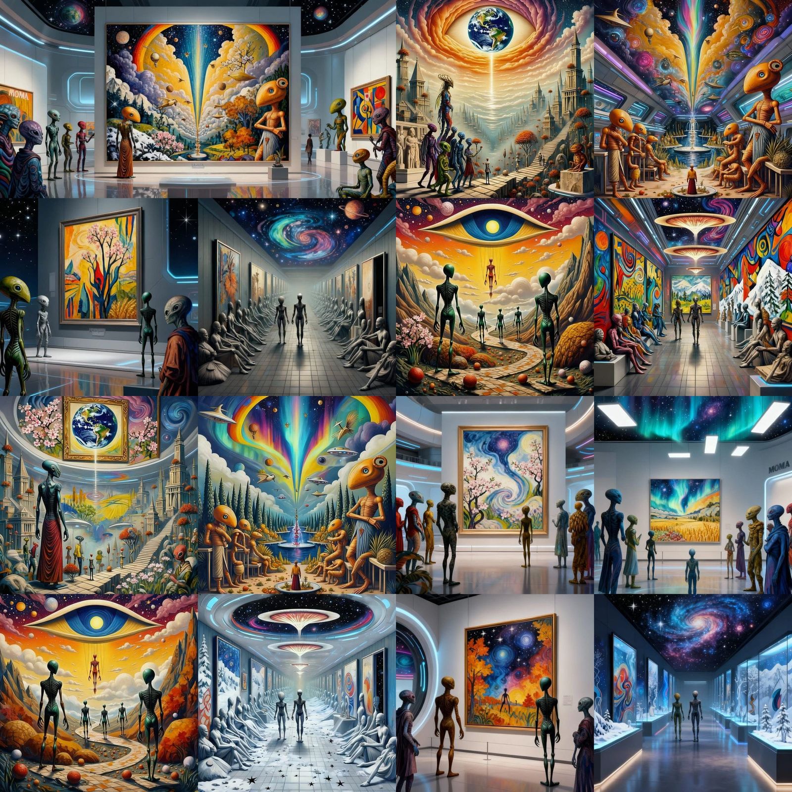 Alien Museum Visitors Admire Surrealist Cosmic Art