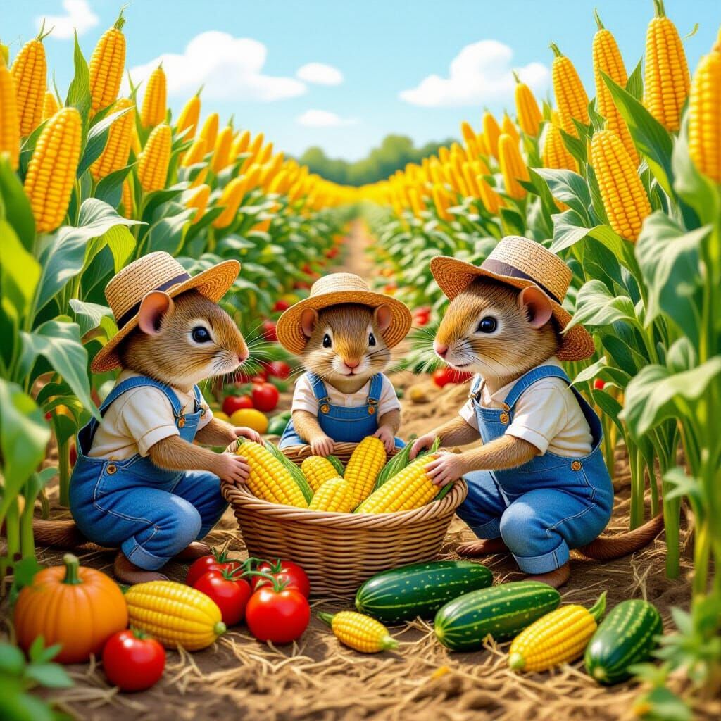 Mice Family Harvest Corn and Vegetables