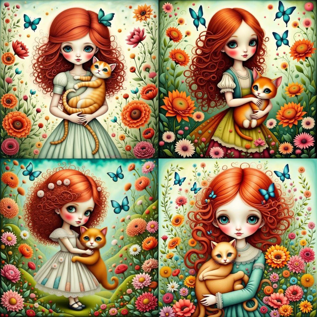Whimsical Girl and Ginger Cat in a Vibrant Floral Garden
