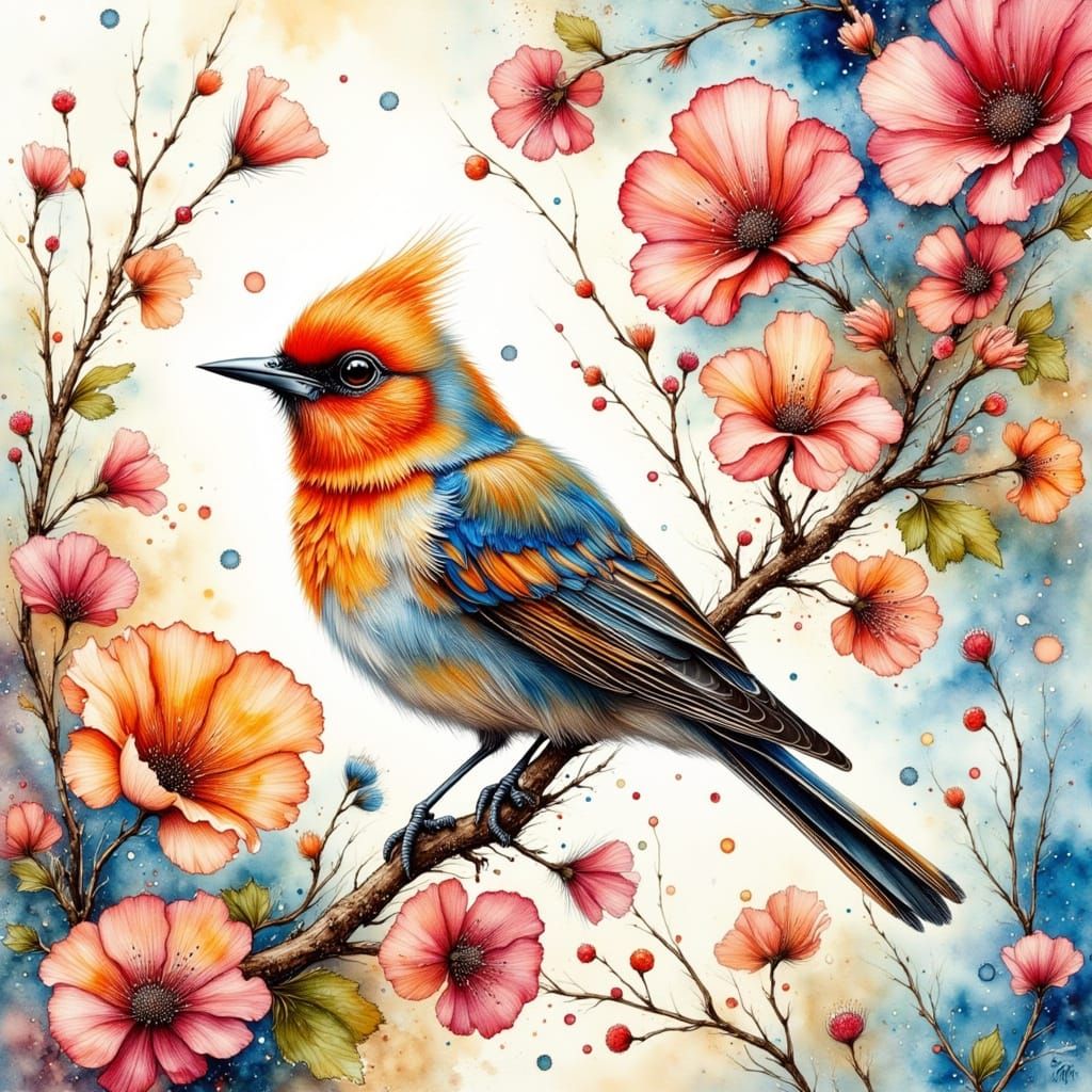 Colorful Bird on Blooming Branch, Watercolor Style