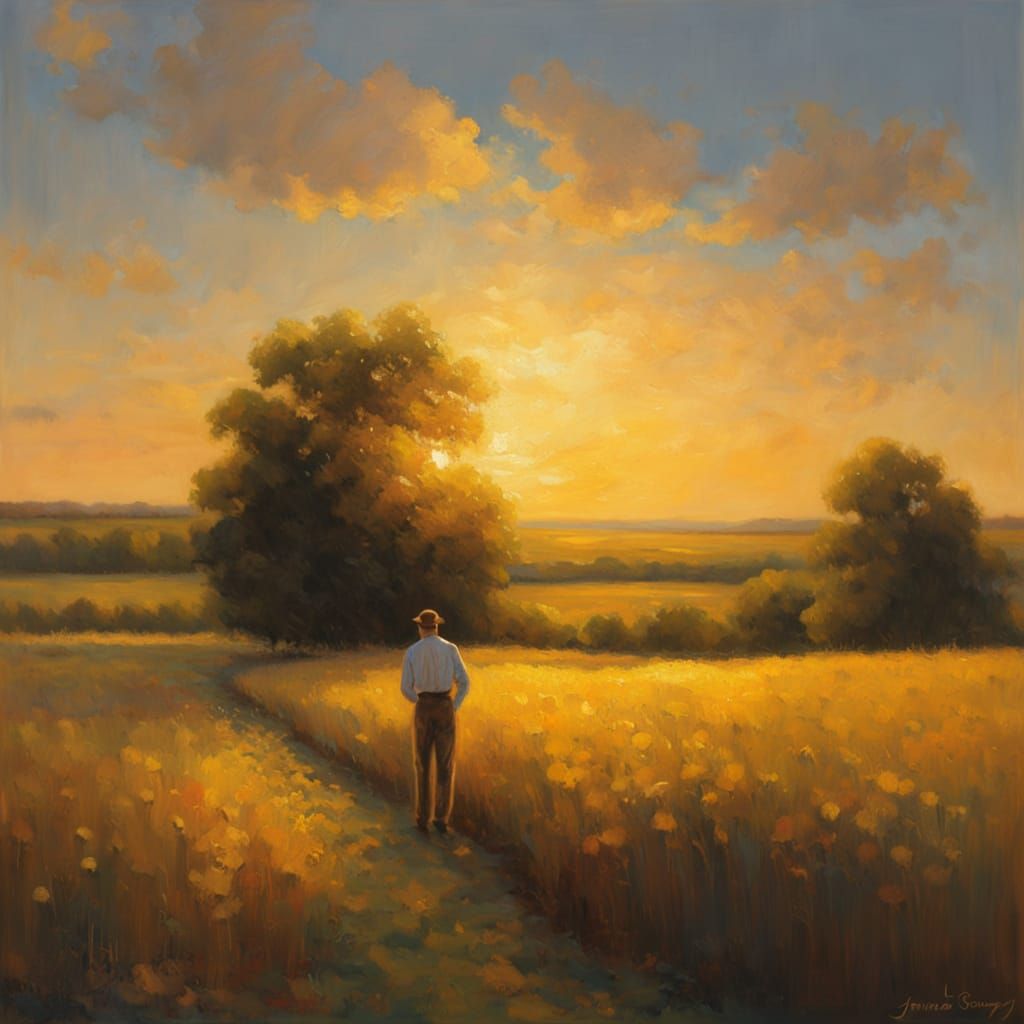 Golden Hour Oil Painting of Man in Field