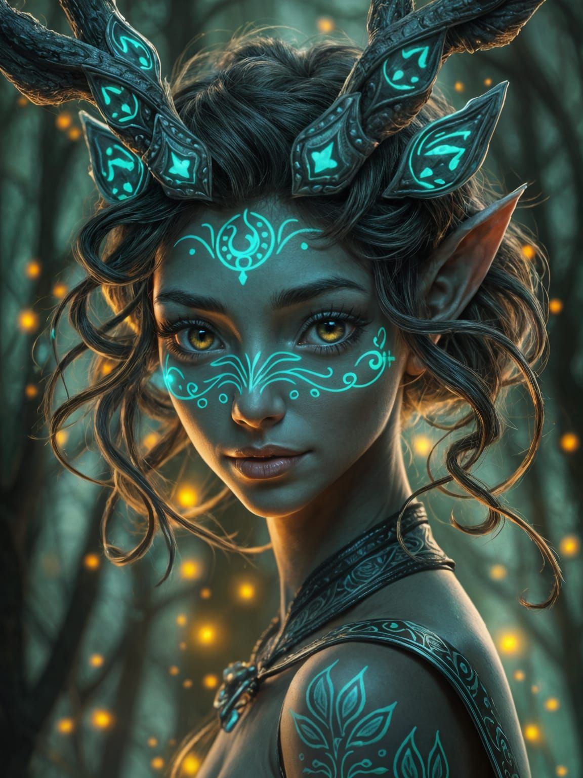 Bioluminescent Deer Elf Portrait in Forest