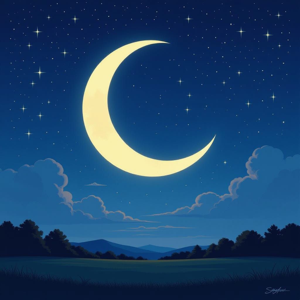 Serene Half Moon in Starry Night Sky