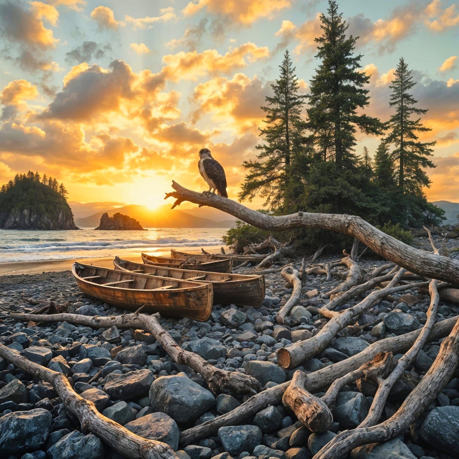 Osprey Perched Above Pacific Northwest Beach, Oil Painting