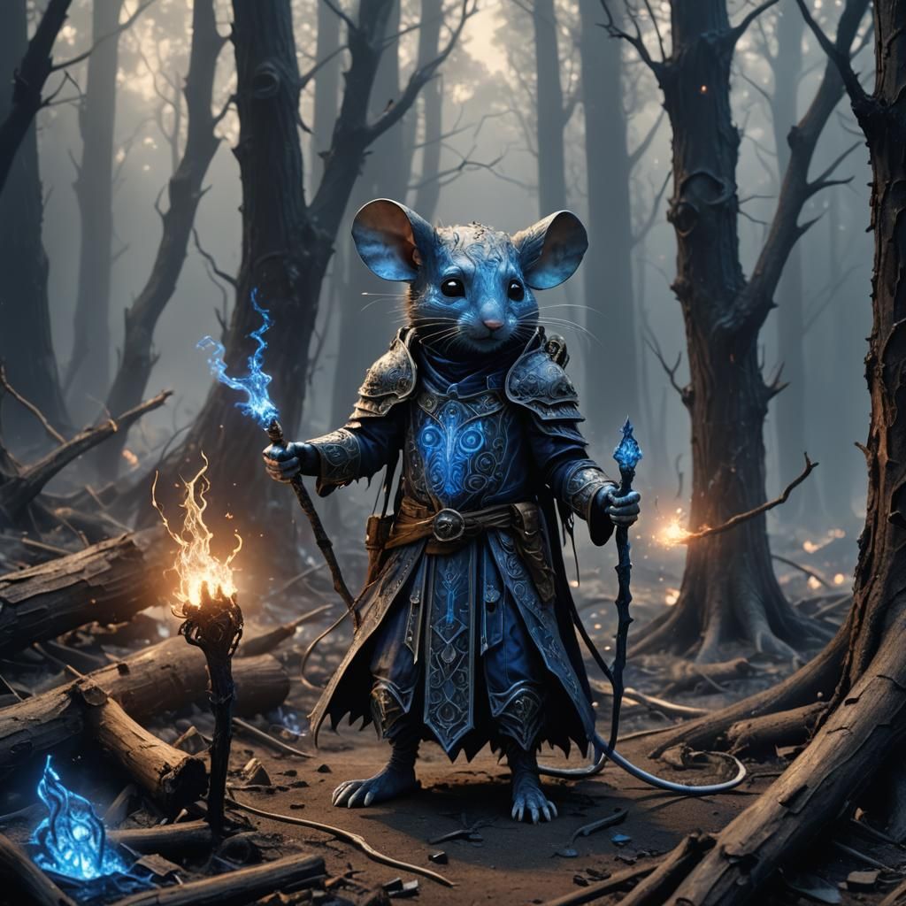 Mouse Wizard in Charred Forest, Mystical Realism