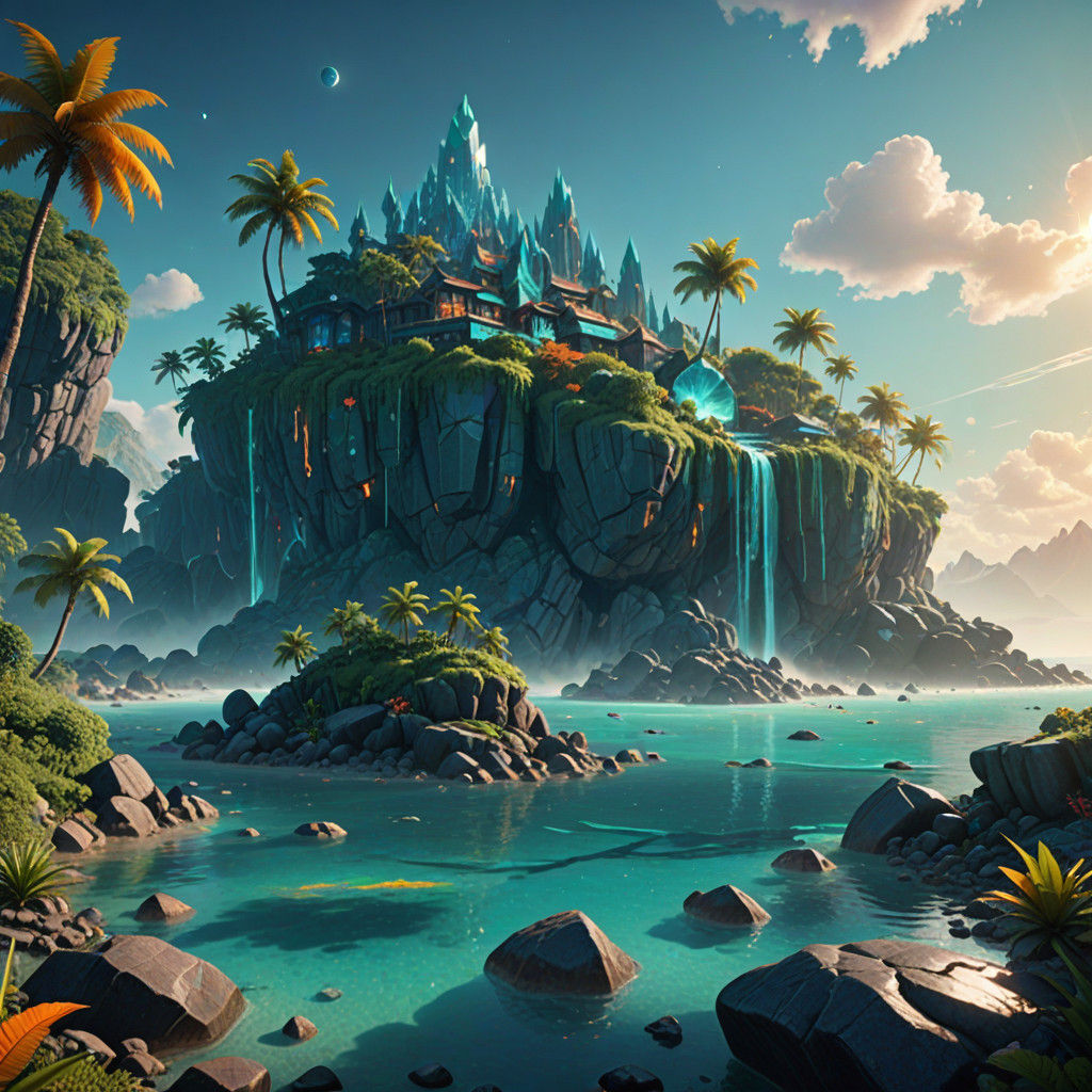 Surreal Caribbean Island of Precious Stones in Vibrant Fanta...